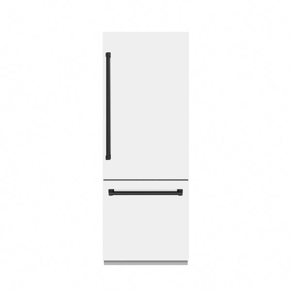 ZLINE Autograph Edition 30 in. 16.1 cu. ft. Built-In Bottom Freezer Refrigerator with Water Dispenser and Ice Maker in White Matte with Graphite Gray Interior and Matte Black Accents (GRBIVZ-WM-30-MB)
