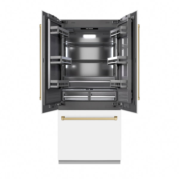 ZLINE Autograph Edition 36 in. 19.6 cu. ft. French Door Built-In Bottom Freezer Refrigerator with Water Dispenser and Ice Maker in White Matte with Graphite Gray Interior and Champagne Bronze Accents (GRBIVZ-WM-36-CB)