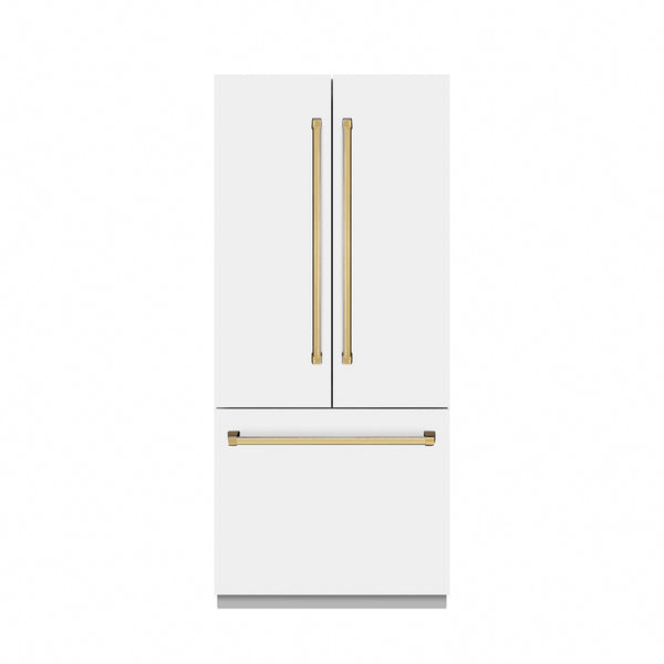 ZLINE Autograph Edition 36 in. 19.6 cu. ft. French Door Built-In Bottom Freezer Refrigerator with Water Dispenser and Ice Maker in White Matte with Graphite Gray Interior and Polished Gold Accents (GRBIVZ-WM-36-G)