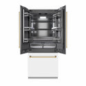 ZLINE Autograph Edition 36 in. 19.6 cu. ft. French Door Built-In Bottom Freezer Refrigerator with Water Dispenser and Ice Maker in White Matte with Graphite Gray Interior and Polished Gold Accents (GRBIVZ-WM-36-G)