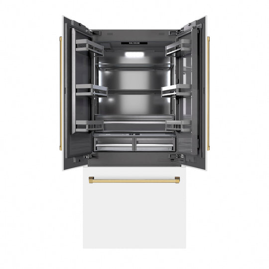 ZLINE Autograph Edition 36 in. 19.6 cu. ft. French Door Built-In Bottom Freezer Refrigerator with Water Dispenser and Ice Maker in White Matte with Graphite Gray Interior and Polished Gold Accents (GRBIVZ-WM-36-G)