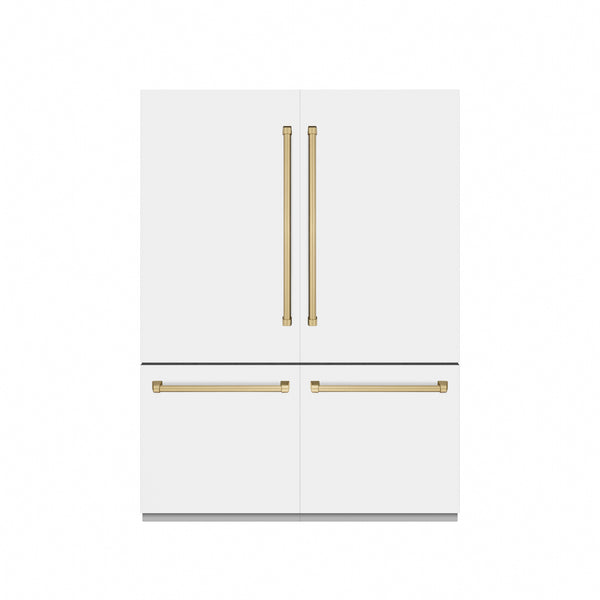 ZLINE Autograph Edition 60 in. 32.2 cu. ft. French Door Built-In Bottom Freezer Refrigerator with Water Dispenser and Ice Maker in White Matte with Graphite Gray Interior and Champagne Bronze Accents (GRBIVZ-WM-60-CB)
