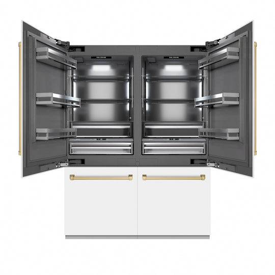 ZLINE Autograph Edition 60 in. 32.2 cu. ft. French Door Built-In Bottom Freezer Refrigerator with Water Dispenser and Ice Maker in White Matte with Graphite Gray Interior and Champagne Bronze Accents (GRBIVZ-WM-60-CB)