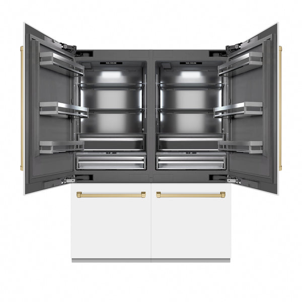 ZLINE Autograph Edition 60 in. 32.2 cu. ft. French Door Built-In Bottom Freezer Refrigerator with Water Dispenser and Ice Maker in White Matte with Graphite Gray Interior and Champagne Bronze Accents (GRBIVZ-WM-60-CB)