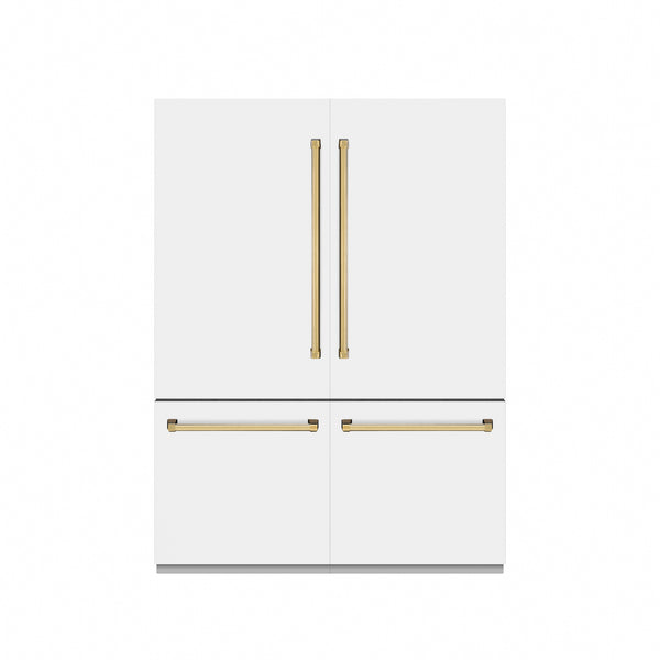 ZLINE Autograph Edition 60 in. 32.2 cu. ft. French Door Built-In Bottom Freezer Refrigerator with Water Dispenser and Ice Maker in White Matte with Graphite Gray Interior and Polished Gold Accents (GRBIVZ-WM-60-G)