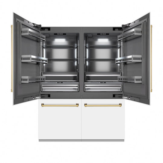 ZLINE Autograph Edition 60 in. 32.2 cu. ft. French Door Built-In Bottom Freezer Refrigerator with Water Dispenser and Ice Maker in White Matte with Graphite Gray Interior and Polished Gold Accents (GRBIVZ-WM-60-G)