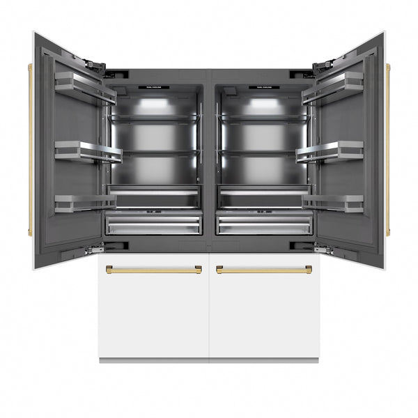 ZLINE Autograph Edition 60 in. 32.2 cu. ft. French Door Built-In Bottom Freezer Refrigerator with Water Dispenser and Ice Maker in White Matte with Graphite Gray Interior and Polished Gold Accents (GRBIVZ-WM-60-G)
