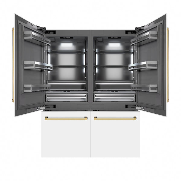 ZLINE Autograph Edition 60 in. 32.2 cu. ft. French Door Built-In Bottom Freezer Refrigerator with Water Dispenser and Ice Maker in White Matte with Graphite Gray Interior and Polished Gold Accents (GRBIVZ-WM-60-G)