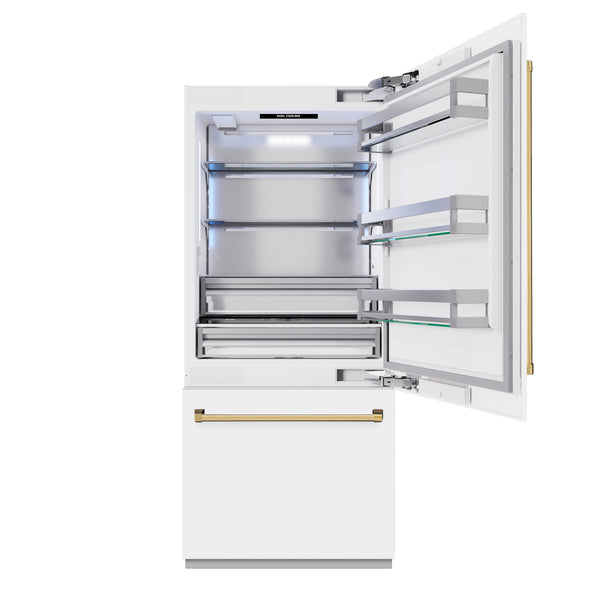 ZLINE Autograph Edition 36 in. 19.8 cu. ft. Built-In Bottom Freezer Refrigerator with Water Dispenser and Ice Maker in White Matte and Polished Gold Accents (RBITZ-WM-36-G)
