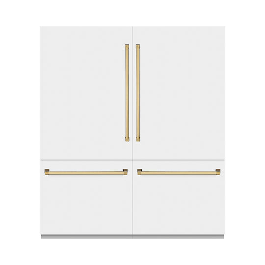 ZLINE Autograph Edition 72 in. 39.6 cu. ft. French Door Built-In Bottom Freezer Refrigerator with Water Dispensers and Ice Makers in White Matte and Polished Gold Accents (RBITZ-WM-72-G)