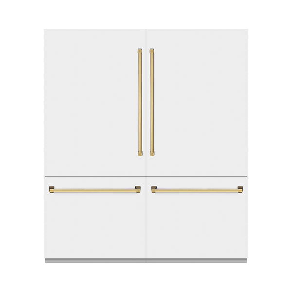 ZLINE Autograph Edition 72 in. 39.6 cu. ft. French Door Built-In Bottom Freezer Refrigerator with Water Dispensers and Ice Makers in White Matte and Polished Gold Accents (RBITZ-WM-72-G)