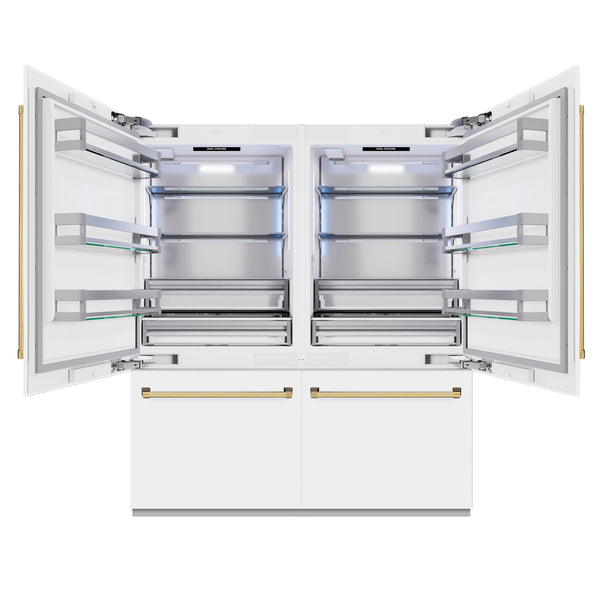 ZLINE Autograph Edition 72 in. 39.6 cu. ft. French Door Built-In Bottom Freezer Refrigerator with Water Dispensers and Ice Makers in White Matte and Polished Gold Accents (RBITZ-WM-72-G)