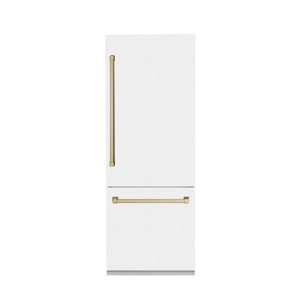 ZLINE Autograph Edition 30 in. 16.1 cu. ft. Built-In Bottom Freezer Refrigerator with Water Dispenser and Ice Maker in White Matte with Champagne Bronze Accents (RBIVZ-WM-30-CB)