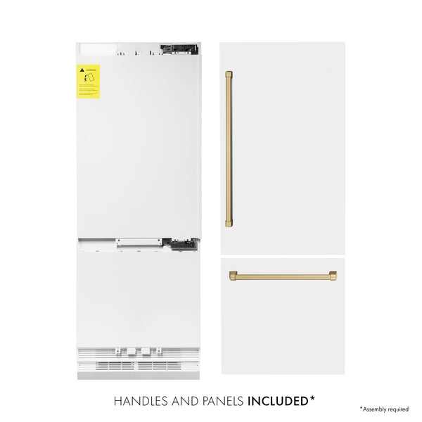 ZLINE 30" Autograph Edition 16.1 cu. ft. Built-in 2-Door Bottom Freezer Refrigerator with Internal Water and Ice Dispenser in White Matte with Champagne Bronze Accents (RBIVZ-WM-30-CB)