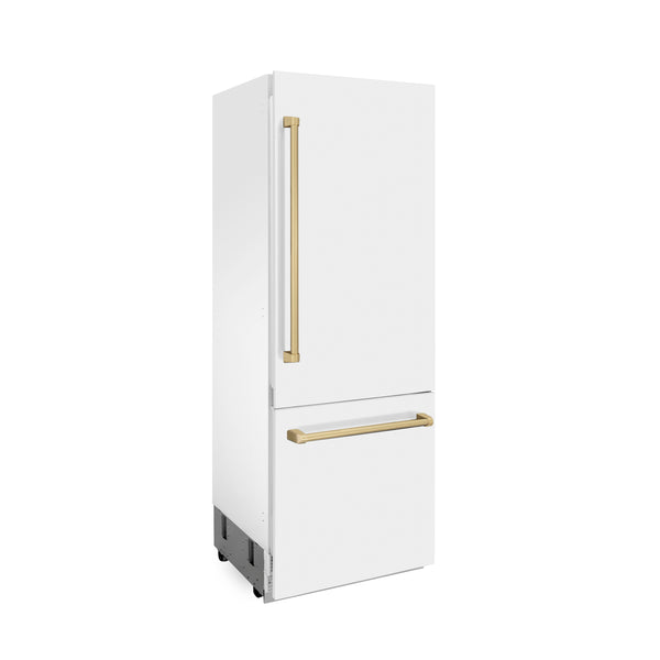 ZLINE Autograph Edition 30 in. 16.1 cu. ft. Built-In Bottom Freezer Refrigerator with Water Dispenser and Ice Maker in White Matte with Champagne Bronze Accents (RBIVZ-WM-30-CB)