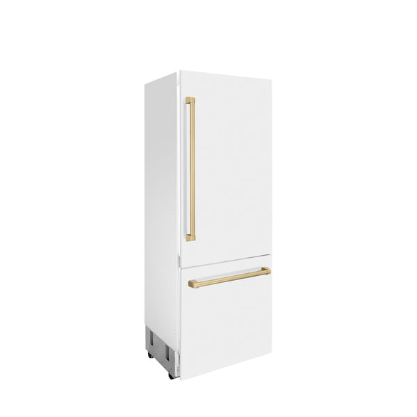 ZLINE Autograph Edition 30 in. 16.1 cu. ft. Built-In Bottom Freezer Refrigerator with Water Dispenser and Ice Maker in White Matte with Champagne Bronze Accents (RBIVZ-WM-30-CB)