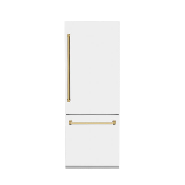 ZLINE 30" Autograph Edition 16.1 cu. ft. Built-in 2-Door Bottom Freezer Refrigerator with Internal Water and Ice Dispenser in White Matte with Polished Gold  Accents (RBIVZ-WM-30-G)