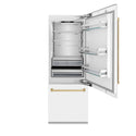 ZLINE Autograph Edition 30 in. 16.1 cu. ft. Built-In Bottom Freezer Refrigerator with Water Dispenser and Ice Maker in White Matte with Polished Gold Accents (RBIVZ-WM-30-G)