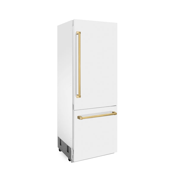 ZLINE Autograph Edition 30 in. 16.1 cu. ft. Built-In Bottom Freezer Refrigerator with Water Dispenser and Ice Maker in White Matte with Polished Gold Accents (RBIVZ-WM-30-G)