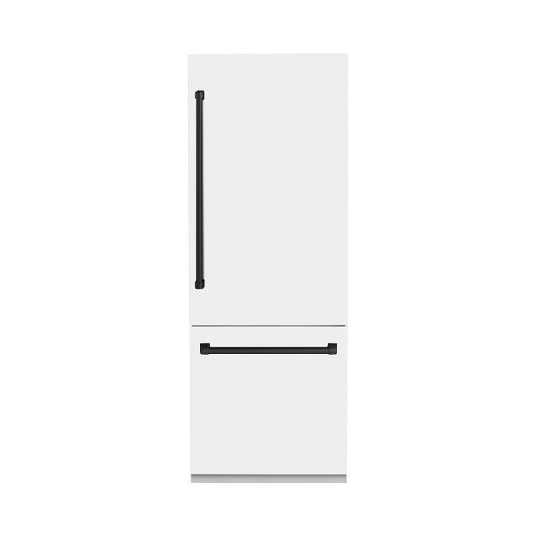 ZLINE 30" Autograph Edition 16.1 cu. ft. Built-in 2-Door Bottom Freezer Refrigerator with Internal Water and Ice Dispenser in White Matte with Matte Black Accents (RBIVZ-WM-30-MB)
