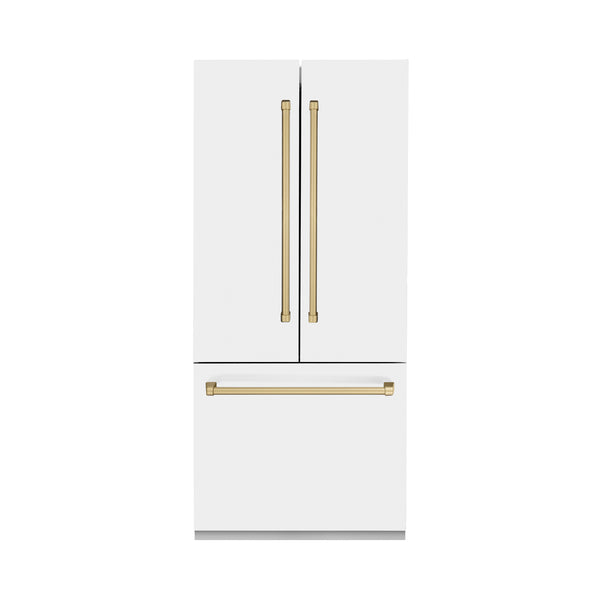 ZLINE 36" Autograph Edition 19.6 cu. ft. Built-in 3-Door French Door Refrigerator with Internal Water and Ice Dispenser in White Matte with Champagne Bronze Accents (RBIVZ-WM-36-CB)