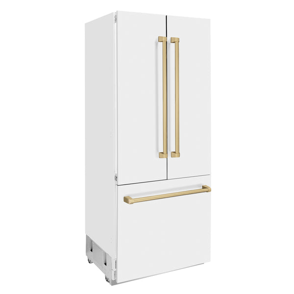 ZLINE 36" Autograph Edition 19.6 cu. ft. Built-in 3-Door French Door Refrigerator with Internal Water and Ice Dispenser in White Matte with Champagne Bronze Accents (RBIVZ-WM-36-CB)