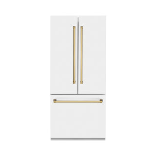 ZLINE Autograph Edition 36 in. 19.6 cu. ft. French Door Built-In Bottom Freezer Refrigerator with Water Dispenser and Ice Maker in White Matte with Polished Gold Accents (RBIVZ-WM-36-G)