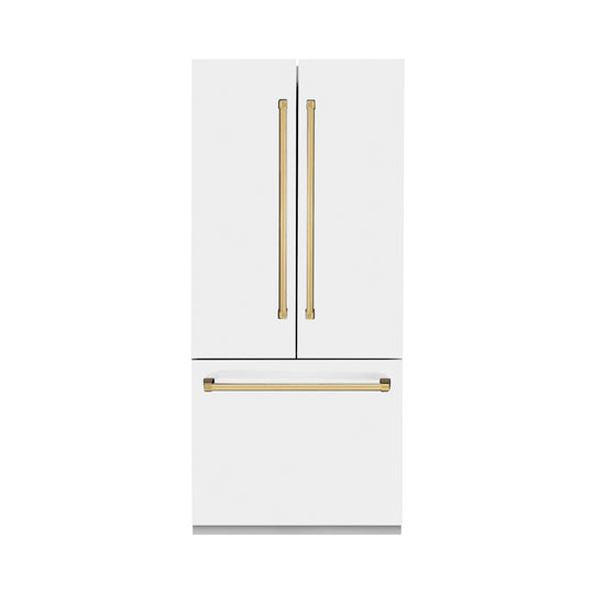 ZLINE Autograph Edition 36 in. 19.6 cu. ft. French Door Built-In Bottom Freezer Refrigerator with Water Dispenser and Ice Maker in White Matte with Polished Gold Accents (RBIVZ-WM-36-G)