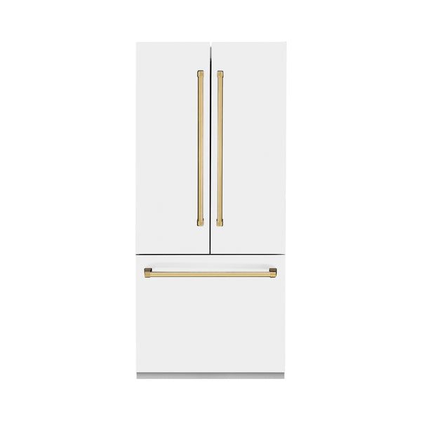 ZLINE 36" Autograph Edition 19.6 cu. ft. Built-in 3-Door French Door Refrigerator with Internal Water and Ice Dispenser in White Matte with Polished Gold  Accents (RBIVZ-WM-36-G)