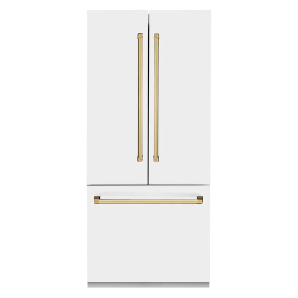 ZLINE Autograph Edition 36 in. 19.6 cu. ft. French Door Built-In Bottom Freezer Refrigerator with Water Dispenser and Ice Maker in White Matte with Polished Gold Accents (RBIVZ-WM-36-G)