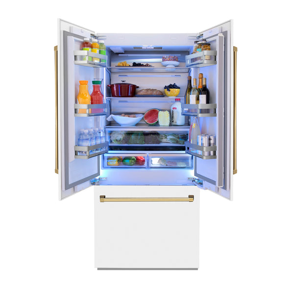 ZLINE Autograph Edition 36 in. 19.6 cu. ft. French Door Built-In Bottom Freezer Refrigerator with Water Dispenser and Ice Maker in White Matte with Polished Gold Accents (RBIVZ-WM-36-G)