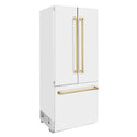 ZLINE Autograph Edition 36 in. 19.6 cu. ft. French Door Built-In Bottom Freezer Refrigerator with Water Dispenser and Ice Maker in White Matte with Polished Gold Accents (RBIVZ-WM-36-G)