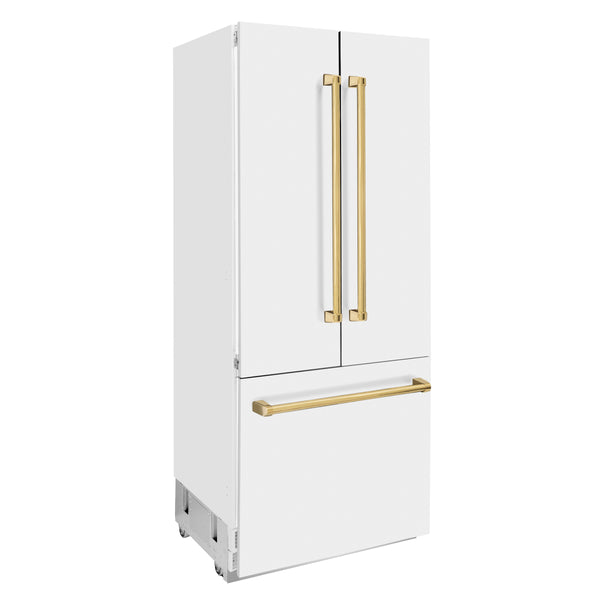 ZLINE Autograph Edition 36 in. 19.6 cu. ft. French Door Built-In Bottom Freezer Refrigerator with Water Dispenser and Ice Maker in White Matte with Polished Gold Accents (RBIVZ-WM-36-G)