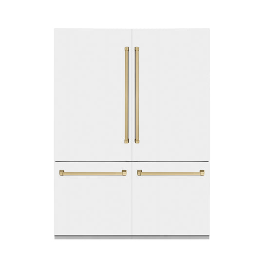 ZLINE Autograph Edition 60 in. 32.2 cu. ft. French Door Built-In Bottom Freezer Refrigerator with Water Dispenser and Ice Maker in White Matte with Champagne Bronze Accents (RBIVZ-WM-60-CB)