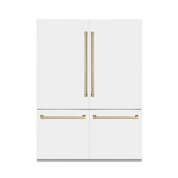 ZLINE Autograph Edition 60 in. 32.2 cu. ft. French Door Built-In Bottom Freezer Refrigerator with Water Dispenser and Ice Maker in White Matte with Champagne Bronze Accents (RBIVZ-WM-60-CB)