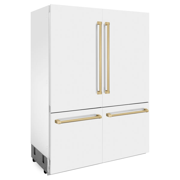 ZLINE Autograph Edition 60 in. 32.2 cu. ft. French Door Built-In Bottom Freezer Refrigerator with Water Dispenser and Ice Maker in White Matte with Polished Gold Accents (RBIVZ-WM-60-G)