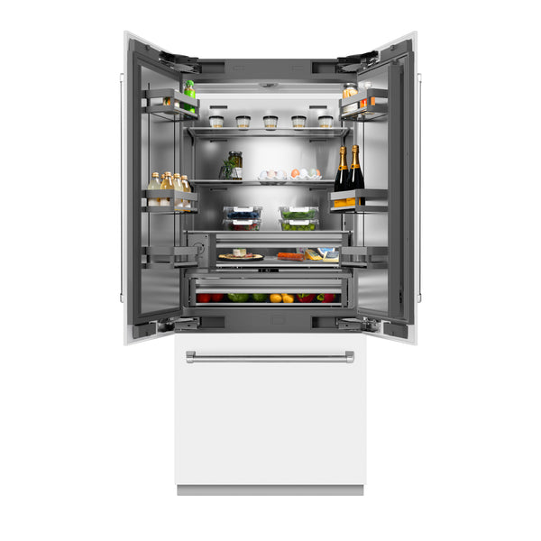 ZLINE 36 in. 19.6 cu. ft. French Door Built-In Bottom Freezer Refrigerator with Water Dispenser and Ice Maker in White Matte with Stainless Steel Interior (SRBIV-WM-36)