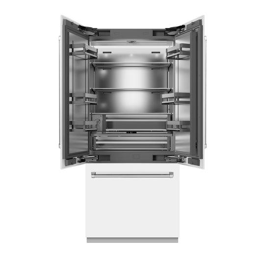 ZLINE 36 in. 19.6 cu. ft. French Door Built-In Bottom Freezer Refrigerator with Water Dispenser and Ice Maker in White Matte with Stainless Steel Interior (SRBIV-WM-36)