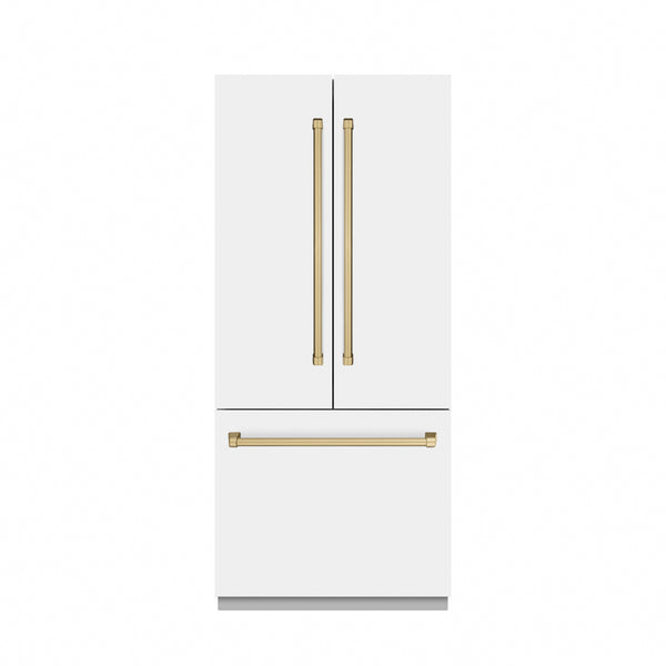 ZLINE Autograph Edition 36 in. 19.6 cu. ft. French Door Built-In Bottom Freezer Refrigerator with Water Dispenser and Ice Maker in White Matte with Stainless Steel Interior and Polished Gold Accents (SRBIVZ-WM-36-G)