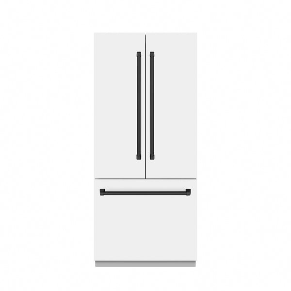 ZLINE Autograph Edition 36 in. 19.6 cu. ft. French Door Built-In Bottom Freezer Refrigerator with Water Dispenser and Ice Maker in White Matte with Stainless Steel Interior and Matte Black Accents (SRBIVZ-WM-36-MB)