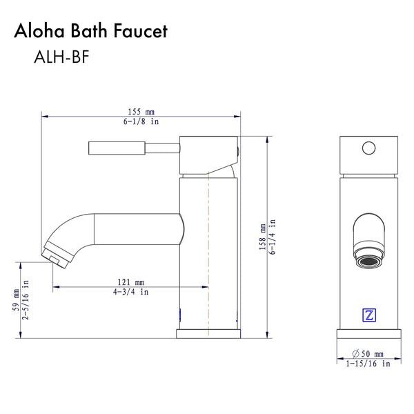 ZLINE Aloha Single Handle Bath Faucet in Champagne Bronze (ALH-BF-CB) dimensional diagram.