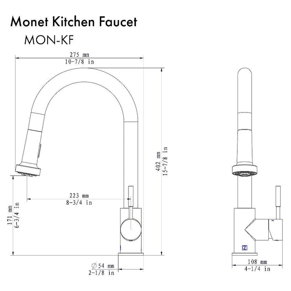 ZLINE Monet Pull Down Kitchen Faucet in Champagne Bronze (MON-KF-CB) dimensional diagram.