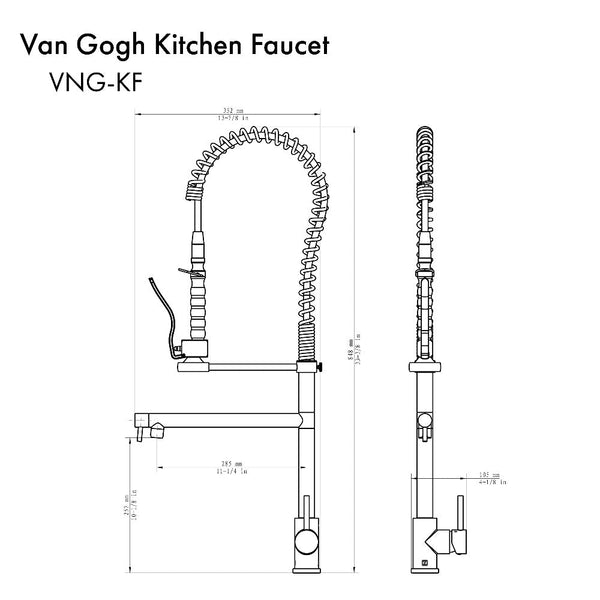 ZLINE Van Gogh Pull Down Spring Kitchen Faucet with Pot Filler in Champagne Bronze (VNG-KF-CB) dimensional diagram.
