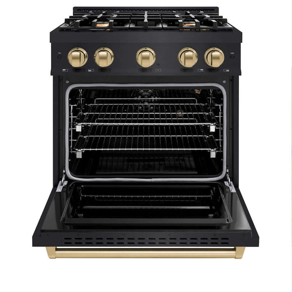 ZLINE Autograph Edition 30 in. 4.2 cu. ft. Classic Gas Range with 4 Burner Cooktop and Convection Gas Oven in Black Stainless Steel and Champagne Bronze Accents, Open Box-Good Condition