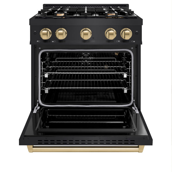 ZLINE Autograph Edition 30 in. 4.2 cu. ft. Classic Gas Range with 4 Burner Cooktop and Convection Gas Oven in Black Stainless Steel and Champagne Bronze Accents, Open Box-Great Condition
