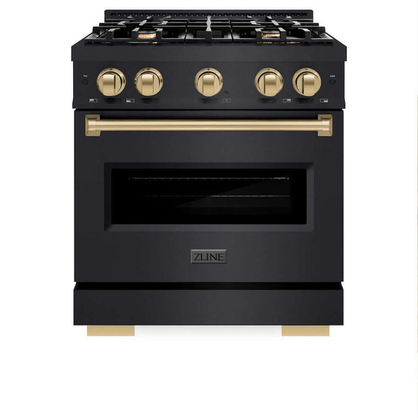 ZLINE Autograph Edition 30 in. 4.2 cu. ft. Classic Gas Range with 4 Burner Cooktop and Convection Gas Oven in Black Stainless Steel and Champagne Bronze Accents, Open Box-Good Condition