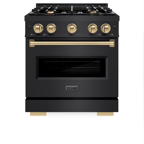 ZLINE Autograph Edition 30 in. 4.2 cu. ft. Classic Gas Range with 4 Burner Cooktop and Convection Gas Oven in Black Stainless Steel and Champagne Bronze Accents (CGRBZ-30-CB)