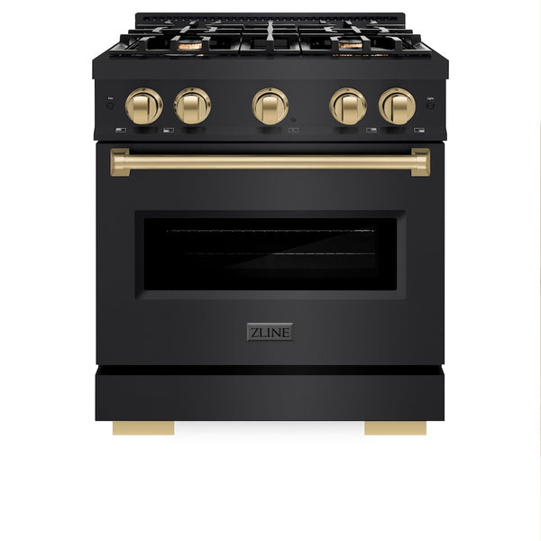 ZLINE Autograph Edition 30 in. 4.2 cu. ft. Classic Gas Range with 4 Burner Cooktop and Convection Gas Oven in Black Stainless Steel and Champagne Bronze Accents, Open Box-Great Condition