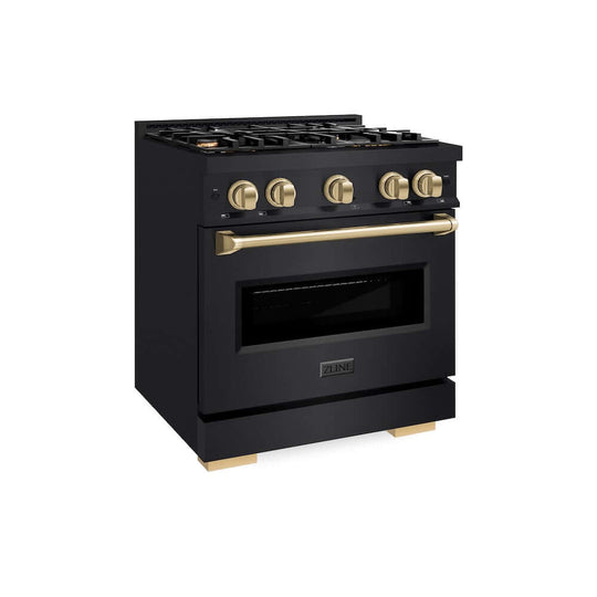 ZLINE Autograph Edition 30 in. 4.2 cu. ft. Classic Gas Range with 4 Burner Cooktop and Convection Gas Oven in Black Stainless Steel and Champagne Bronze Accents, Open Box-Good Condition
