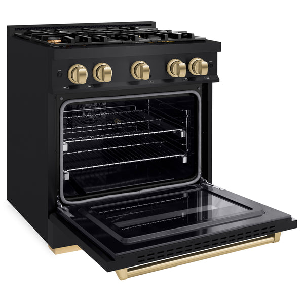 ZLINE Autograph Edition 30 in. 4.2 cu. ft. Classic Gas Range with 4 Burner Cooktop and Convection Gas Oven in Black Stainless Steel and Champagne Bronze Accents (CGRBZ-30-CB)